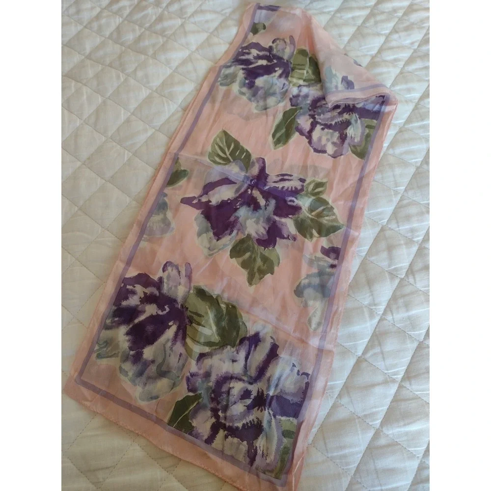 VTG Morgan Taylor Scarf  Floral Rectangular Pink Purple 100% Silk Cottagecore